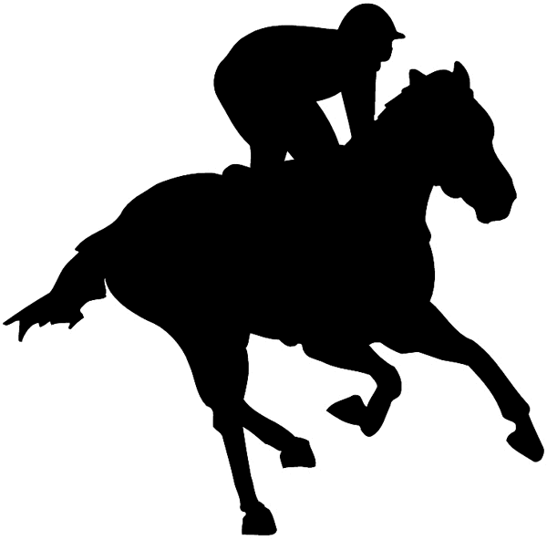Horse and rider racing silhouette vinyl sticker. Customize on line.  Sports 085-1248